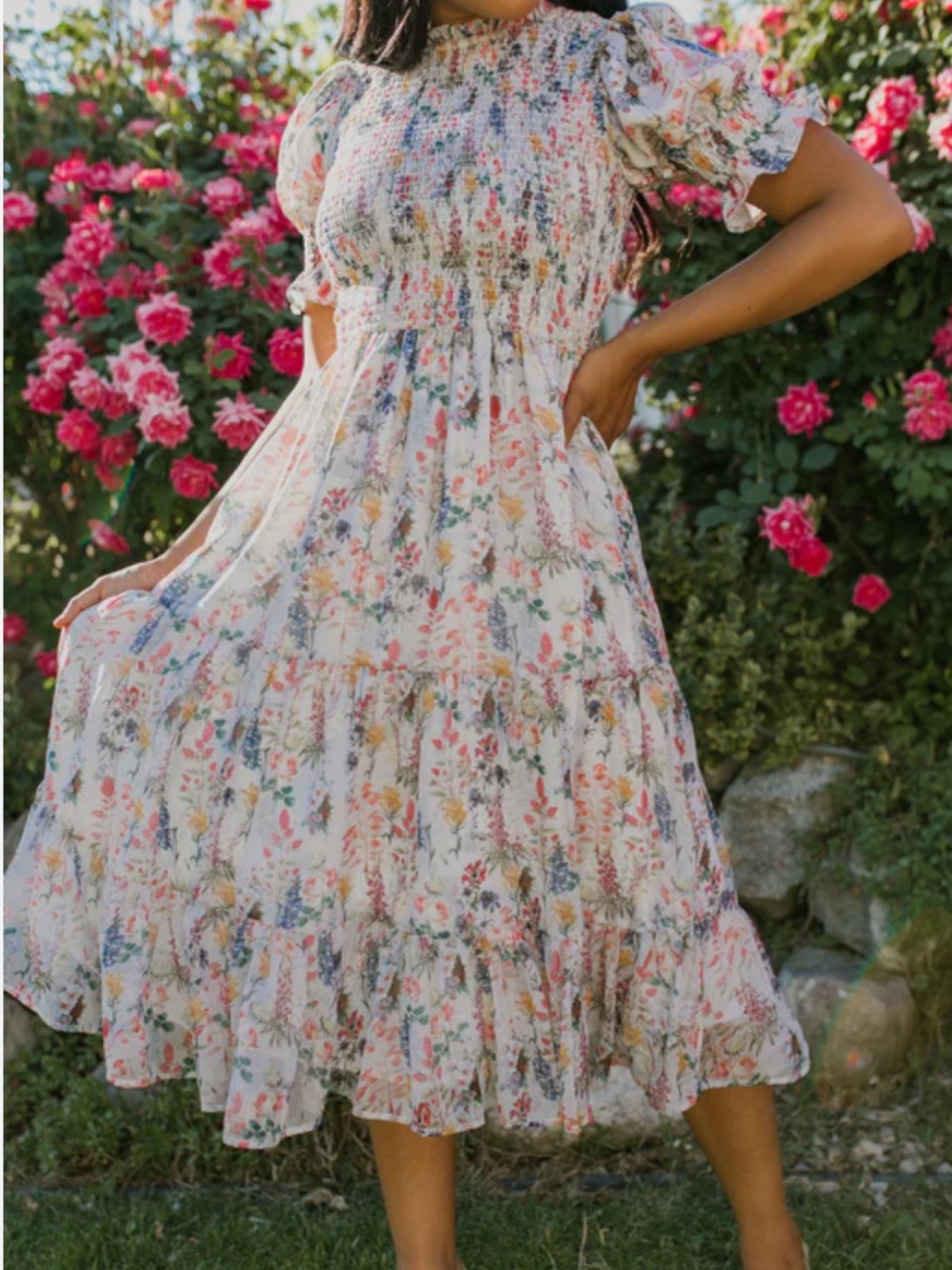 New Ivy City Co Cream Floral Smocked Midi Dress - Picture 2 of 16
